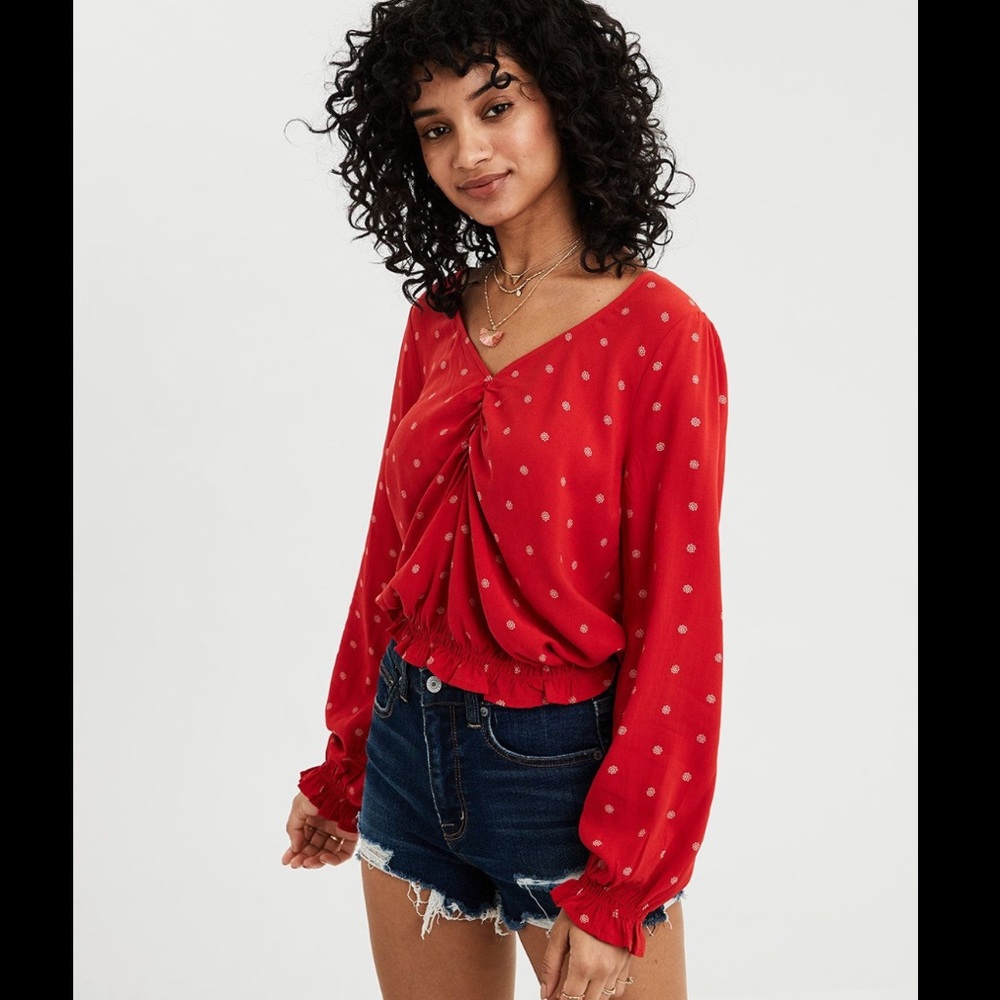 American Eagle V Neck Long Sleeve Bubble Blouse